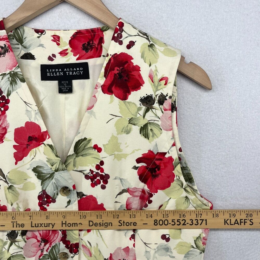 ELLEN TRACY Vest 10P Petite LINDA ALLARD Floral Button Up Waistcoat Red Vintage - Picture 10 of 12